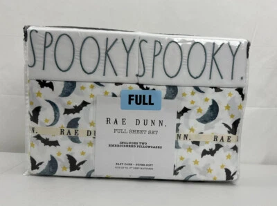 Rae Dunn Halloween Full Sheet Set Bats Moon & Stars with "SPOOKY" on Pillowcase - Image 1 of 4