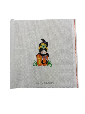 Katie Did Hand Painted Needlepoint Canvas Witch on Pumpkin 10x10 Embroidery - Image 1 of 4