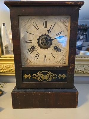 Antique Oak Shelf Mantle Clock  & Pendulum Need A Key Late 1800's-early 1900's - Image 1 of 4
