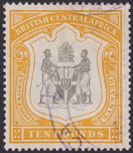 British Central Africa 1897 QV £10 Black and Yellow Fiscally Used SG52 cat £400 - Picture 1 of 2