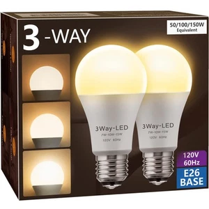 3 Way LED Light Bulbs A19 E26 3000K Warm White 50-150W Equivalent 2 Pack - Picture 1 of 8