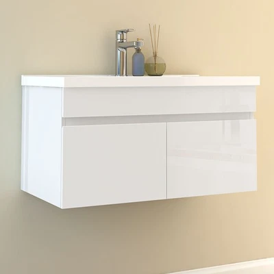 Badmöbel Set Waschtisch mit Unterschrank Keramikbecken Weiß/Eiche 60 80 100 cm - Bild 1 von 4