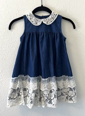 Vintage Bonnie Jean Girls Dress Size 5 Denim Lace Details Cottagecore Cute - Image 1 of 4