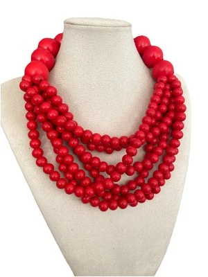 Damenkette Statement Halskette Kurz Modekette Rot Perlenkette Modeschmuck Holz - Bild 1 von 4