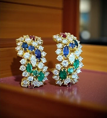 Винтажные серьги-кластеры из желтого золота 14 карат с изумрудом сапфиром рубином 2,50 карата - Изображение 1 из 4