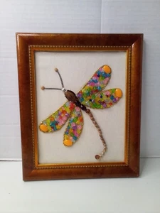 Handmade Dragonfly Beaded Artwork Stones Mixed Media Canvas Framed Decor 12 x 10 - Picture 1 of 15