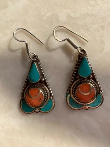 Handcrafted Tibetan Silver Turquoise Coral Pierced Earrings  - Picture 1 of 4