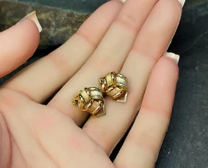 Solid 9ct Gold Frosted Ribbon Knot EARRINGS - Vintage Clip On - 4g - Picture 1 of 9
