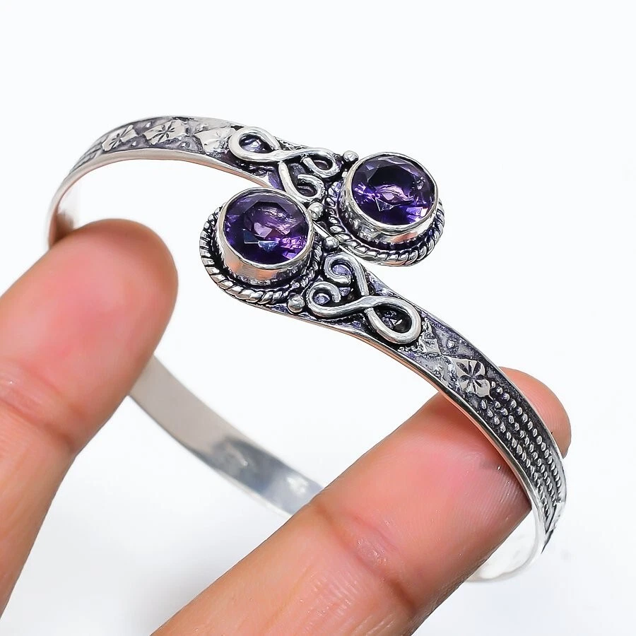 Purple Amethyst Gemstone 925 Sterling Silver Jewelry Cuff Bracelet Adjustable - Image 1 of 1