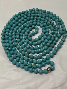 "Collar de cuentas Kingman turquesa 8 mm de colección 78"" L anudado a mano solo cuentas de plata" - Imagen 1 de 13