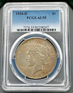 1934 D Peace Silver Dollar $1 PCGS AU 55, Nice Low Mintage Semi-Key Date - Picture 1 of 5