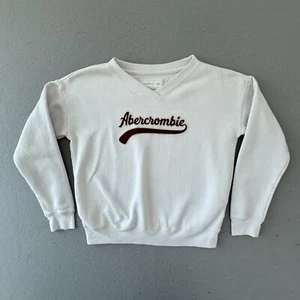 Abercrombie & Fitch Sweater Girls 14 16 White Red Script Crewneck Pullover - Picture 1 of 9
