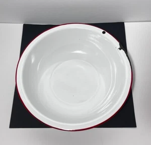 Vintage 10.5" Rustic Enamelware Farmhouse White Wash Bowl Basin Red Trim - Picture 1 of 13