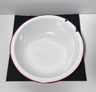 Vintage 10.5" Rustic Enamelware Farmhouse White Wash Bowl Basin Red Trim - Image 1 of 4