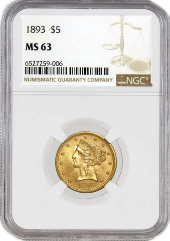 1893 $5 Liberty Head Half Eagle Gold NGC MS63 Brilliant Uncirculated Coin #006 Cover
