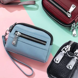 Women 3 Zipped Coin Purse Small Pouch Genuine Leather Mini Wristlet Wallet - Picture 1 of 25