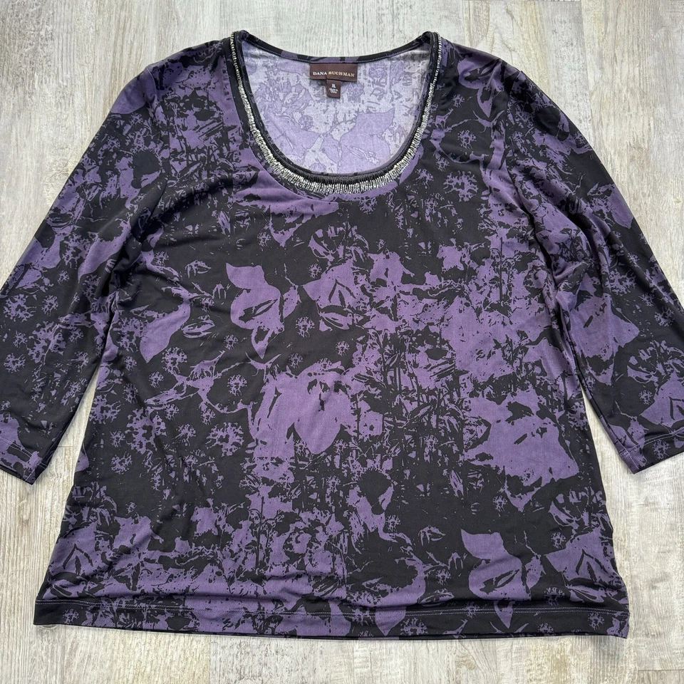 Top Dana Buchman XL Púrpura Negro Elástico Cuentas Bling Oscuro Corporativo Gótico Bruja Foto 1 de 4