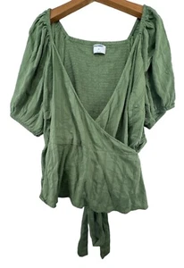 Old Navy Women Top 2X Plus Green Puff Slv Dobby Stripe Wrap Blouse Cottage Fairy - Picture 1 of 8