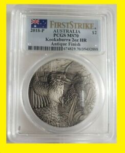2018 AUSTRALIA Kookaburra HIGH RELIEF ANTIQUED 2oz Silver $2 COIN PCGS MS 70 FS