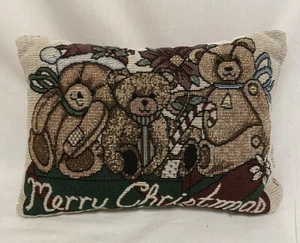 Christmas Holiday Tapestry Throw Pillow Teddy Bears Merry Christmas 12 x 9" - Picture 1 of 4