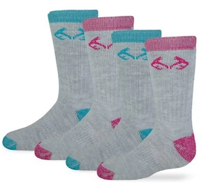 Realtree Girls Youth Boot Socks Merino Wool Cushion Outdoor Crew Pink Blue 4PK - Picture 1 of 6