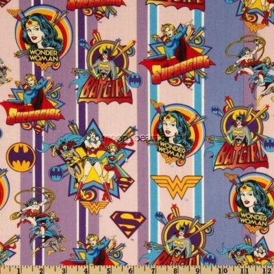 1/2 Yard Girl Power Wonder Woman Stripe Cotton Fabric Female Super Hero Comic - Image 1 of 4