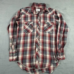 VTG 70s Wrangler Permanent Press Long Tails THIN Shirt Medium* Red Plaid USA - Picture 1 of 5