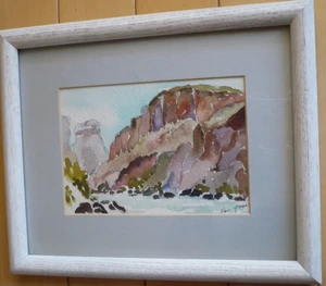 VAN GORES, SMALL CANYON LANDSCAPE DESERT VINTAGE WATERCOLOR IMPRESSIONIST SIGNED - Picture 1 of 12