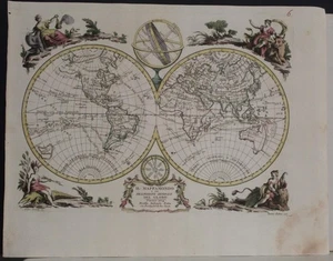 1774 ANTONIO ZATTA UNUSUAL ANTIQUE COPPER ENGRAVED TWO HEMISPHERES WORLD MAP - Picture 1 of 1