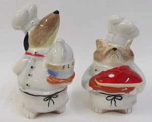 Chef Fido Dog & Sous Chef Kitty Cat Salt Pepper Shaker Set Ceramic Hand Painted - Picture 1 of 23