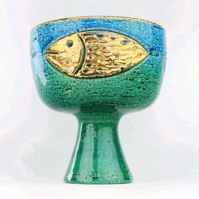 RARE Vintage Bitossi Pottery Golden Fish Compote Chalice Londi MCM Blue Green - Image 1 of 4