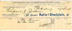 1886 Cincinnati & Pittsburgh Packet Line Freight Receipt Steamer Katie Stockdale - Picture 1 of 2