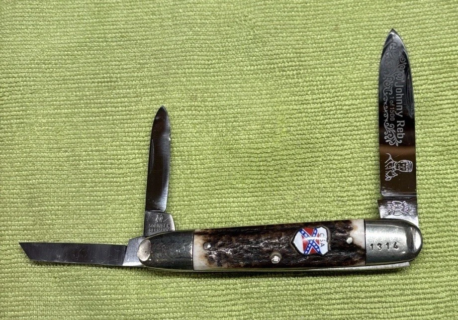 KISSING CRANE STAG SOLINGEN 德国 Johnny Reb CSA 内战口袋刀 复古 — 第 1/4 张图片