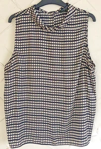 DOROTHY PERKINS Sleeveless Blouse UK 18 Beige/Black Squares Design Cowl Neck - Picture 1 of 7