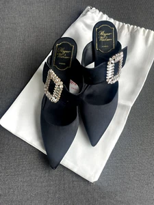 Womans Shoes Roger Vivier Strass Crystal Buckle Mules Slides Heels Satin 37 - Picture 1 of 24
