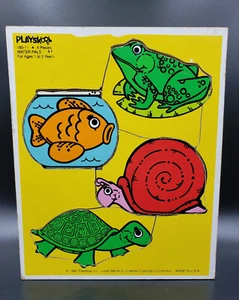 Vtg 1982 Playskool "Water Pals" 4 pcs Wooden Tray Puzzle Fish Turtle Snail Frog - Picture 1 of 14