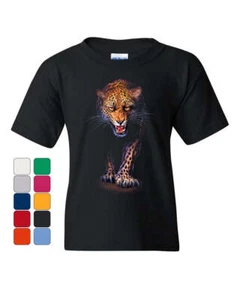 Prowling Leopard Youth T-Shirt Claws and Fangs Wild Africa Big Cat Kids Tee - Picture 1 of 2