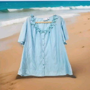 D&Co Womens Plus Size 3X Blue Aqua 100% Cotton Top Button Blouse Fun - Bild 1 von 12