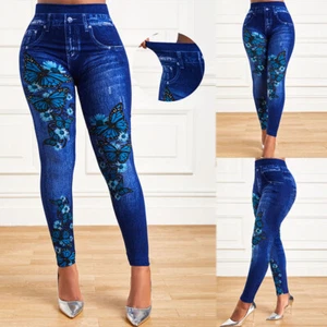 Women High Waist Stretchy Leggings Denim Look Skinny Jeggings Pencil Pants 16 - Picture 1 of 14