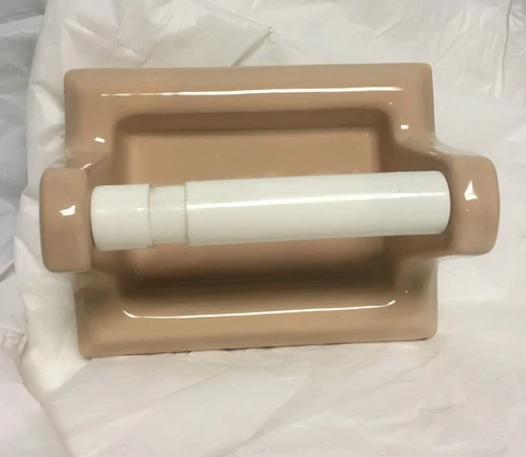 New Old Stock Mid Century Porcelain Toilet Paper Holder PEACH  1950's Cover
