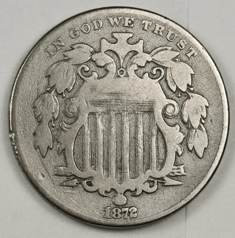 1872 Shield Nickel.  Error.  Die Crack to right of Date.  V.G.  131613 Cover