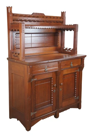 Antique Victorian 19th C. Carved Walnut Sideboard Buffet Bar Back Server Cabinet Cover
