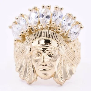 Men's Native American Indian Head All White CZ Solid 10K Yellow Gold ALL SIZES  - Picture 1 of 5