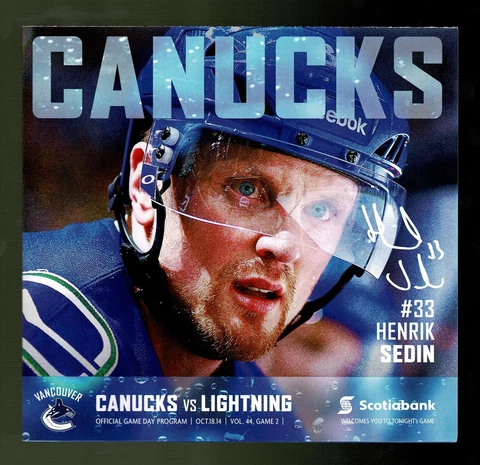 Vancouver Canucks Henrik Sedin Program/Poster 2014-15 Season - vs Lightning Cover