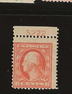 US Scott #379 mint never hinged 6c red orange w/, pl#, 1911 perf 12, wmk 190, og - Picture 1 of 2