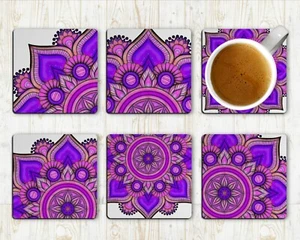 Juego de seis posavasos Mandala de neopreno púrpura rosa - Imagen 1 de 5