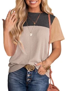 Womens Spring Tops Summer Shirts Colorblock Crewneck Short Sleeve Blouse Casu... - Picture 1 of 9