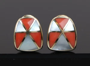 Asch Grossbardt 14K Yellow Gold Inlaid Mother Of Pearl Coral Huggie Earrings - Picture 1 of 11