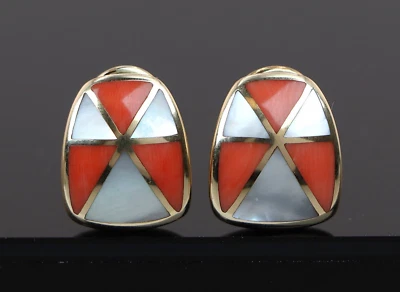 Asch Grossbardt 14K Yellow Gold Inlaid Mother Of Pearl Coral Huggie Earrings - Image 1 of 4