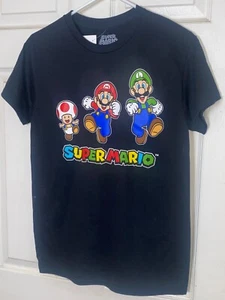 Super Mario Brothers Adult New T-Shirt Jumping Next To Colorful Name Logo sz S - Picture 1 of 4